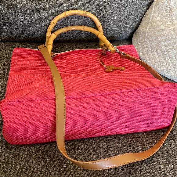 Fossil Bamboo Wooden Handle Woven Satchel Crossbody Pink Purse - Picture 6 of 12